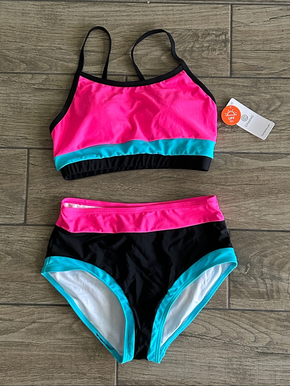 NWT.. Bright Bikini Swimsuit in Teal & Hot Pink with Black Trim Size S